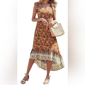PrettyGarden Ruffle Cap Sleeve Floral Hi-Low Maxi Dress Brown‎ Size XXL (18)